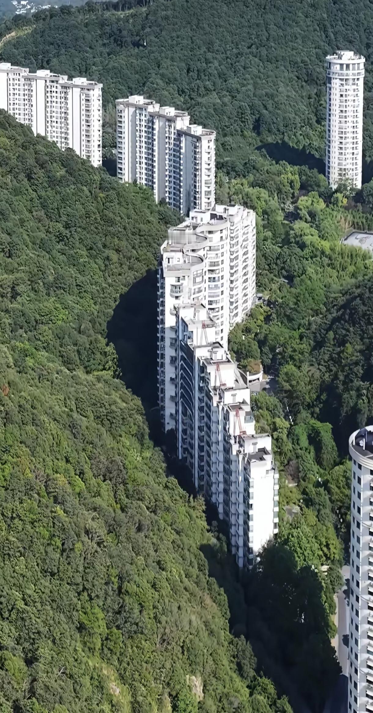 杭州就有这种小区，一字长蛇阵，这里负氧量很高吧，算全国绿化最好的小区不为过。山景