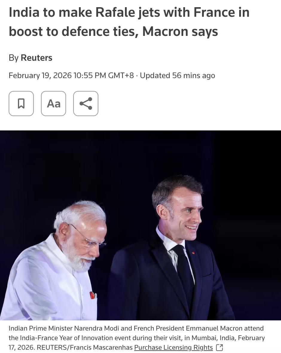 外媒：法国总统马克龙表示，法国和印度将进入国防合作新时代，计划联合生产“阵风”战