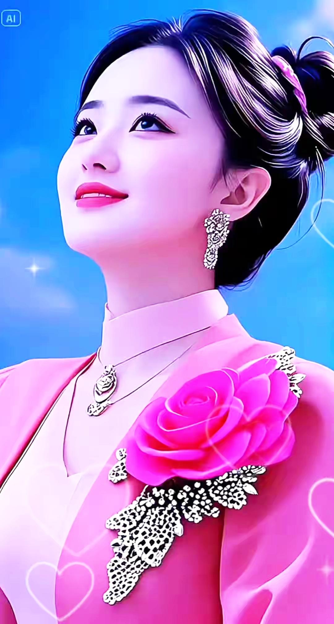 梦幻粉裙少女，闪耀耳环与玫瑰胸针，唯美动人！🌸✨