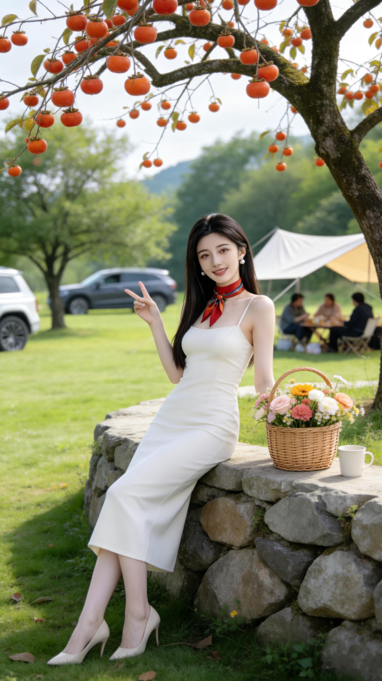 红苹满树挂，佳人倚石旁。