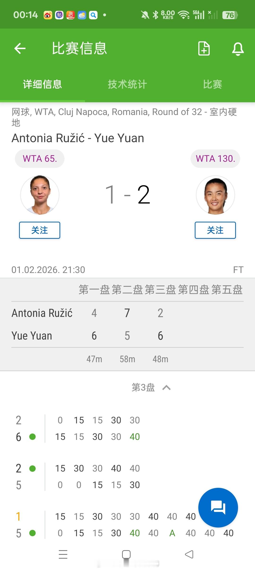 小花小草资讯【克卢日-纳波卡WTA250】女单正赛第一轮🇨🇳袁悦6-45