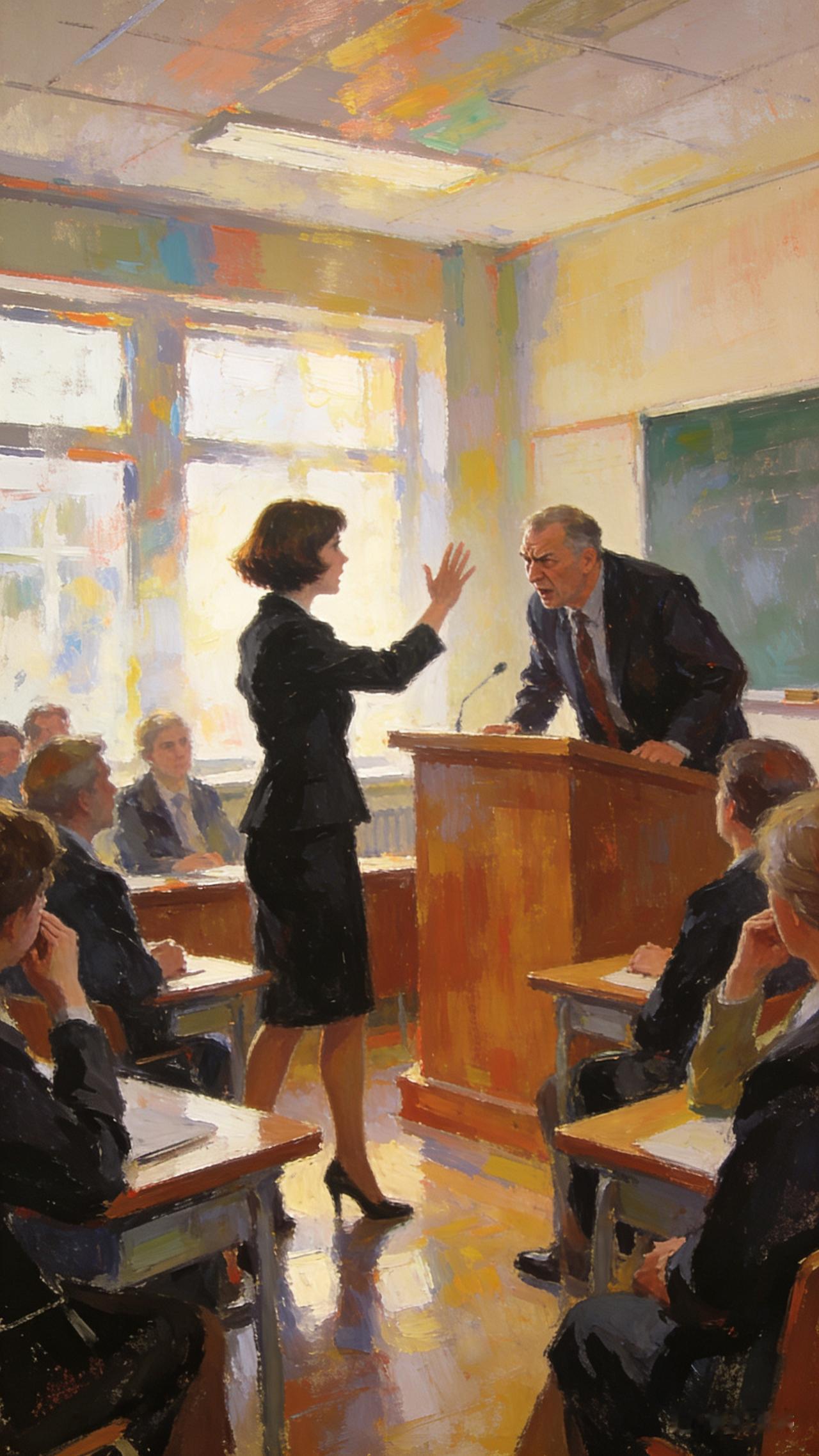 这学期开总结会，学校的一位女老师与台上的校长闹了起来。当校长讲到绩效工资分配时，