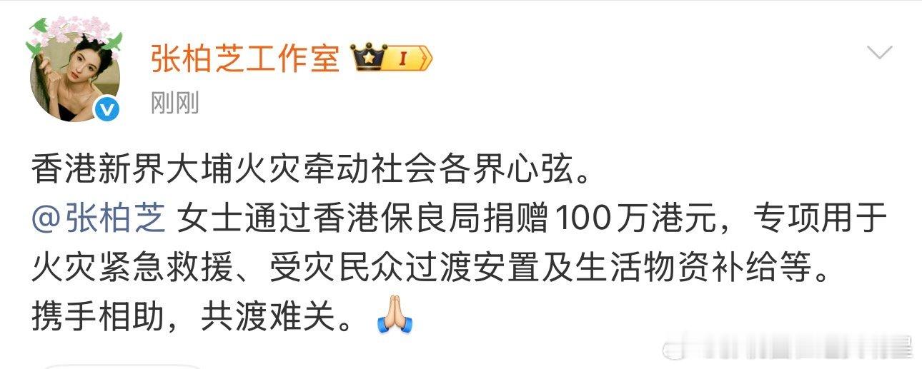 张柏芝为香港捐赠100万灾情当前火速响应！张柏芝为香港大埔火灾捐赠100万，助力