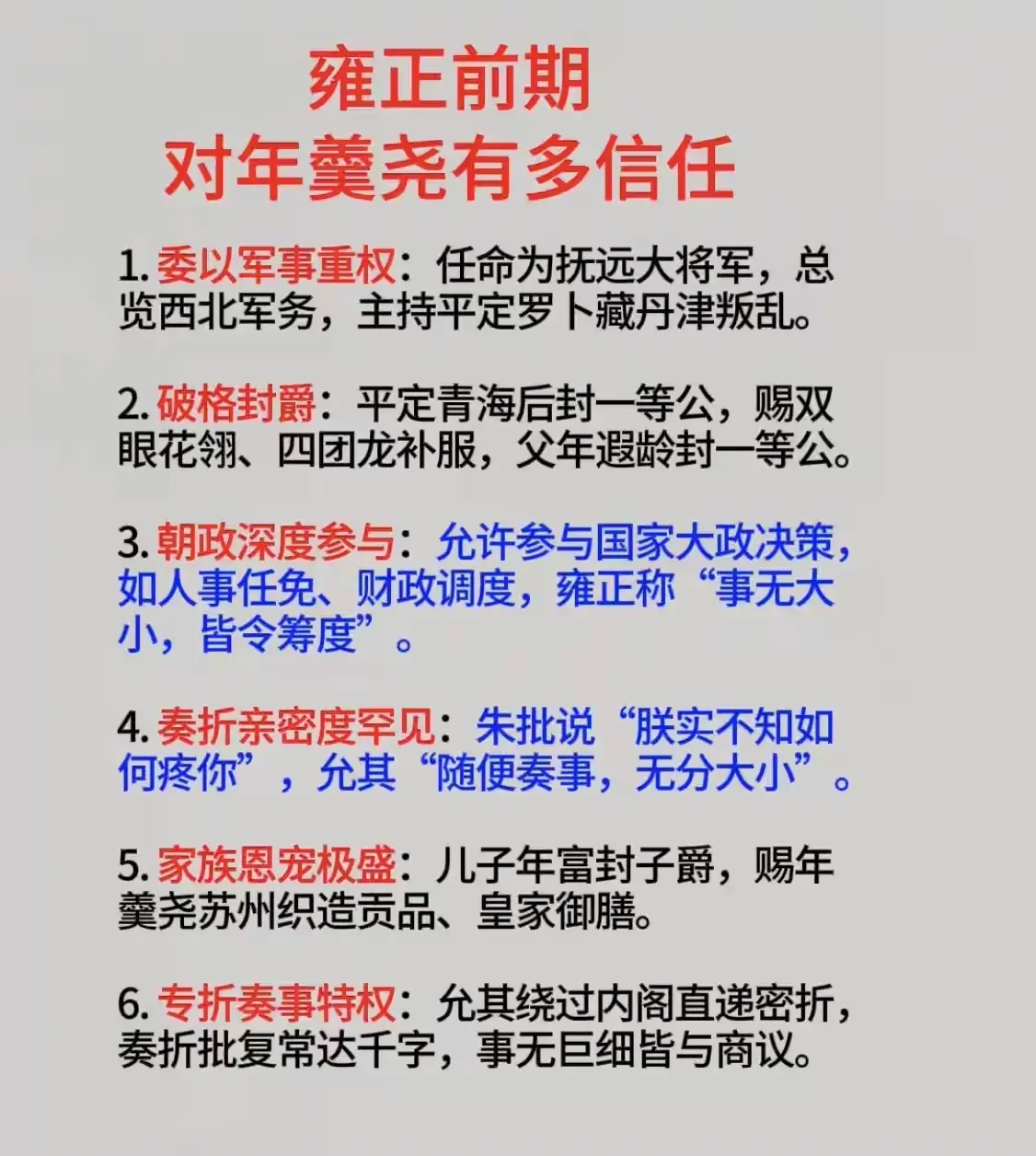 雍正前期对年羹尧极为信任，封爵赐官、委以重任，还让其参与官员任免等军国大政。