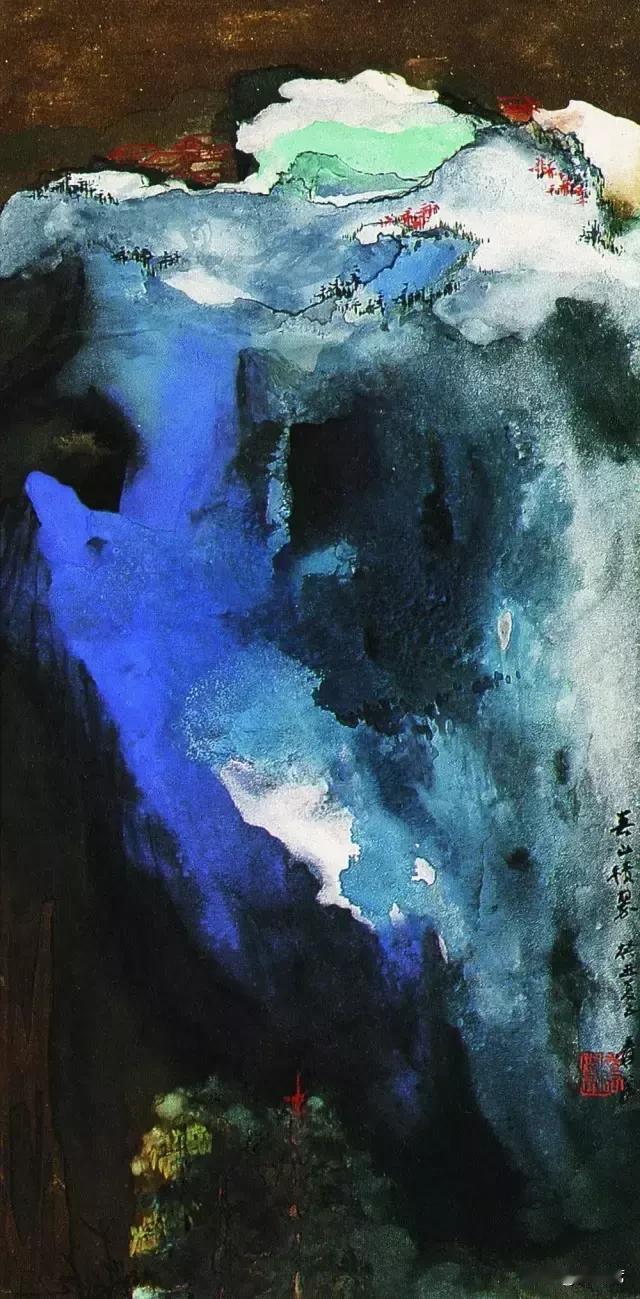 张大千晚年独创泼彩山水画，融合传统泼墨与西方抽象表现主义。泼彩山水把石青、石绿