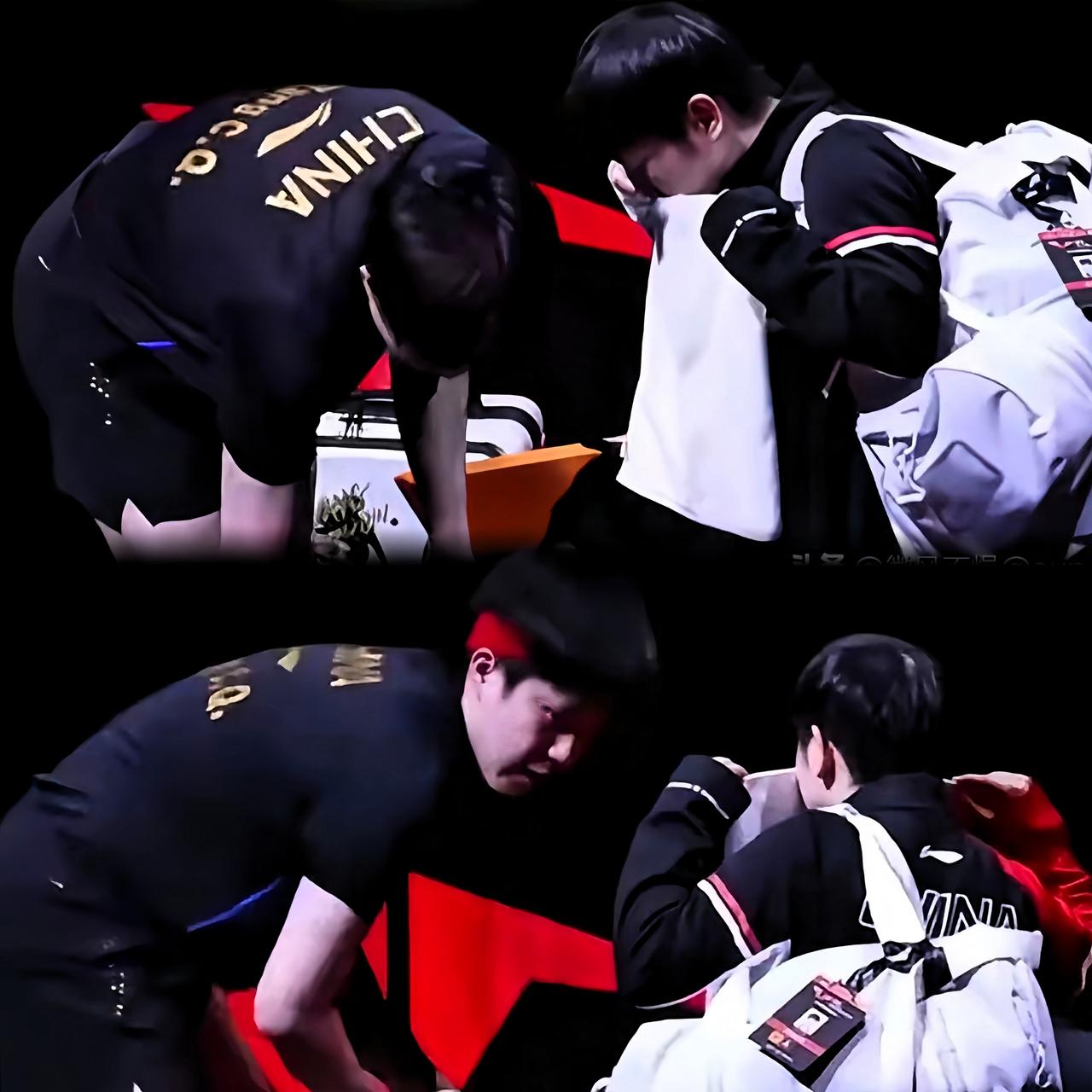 莎莎拿毛巾捂着小半张脸，乖乖在一边等着搭档收拾东西，哎呀这画面也太可爱了！