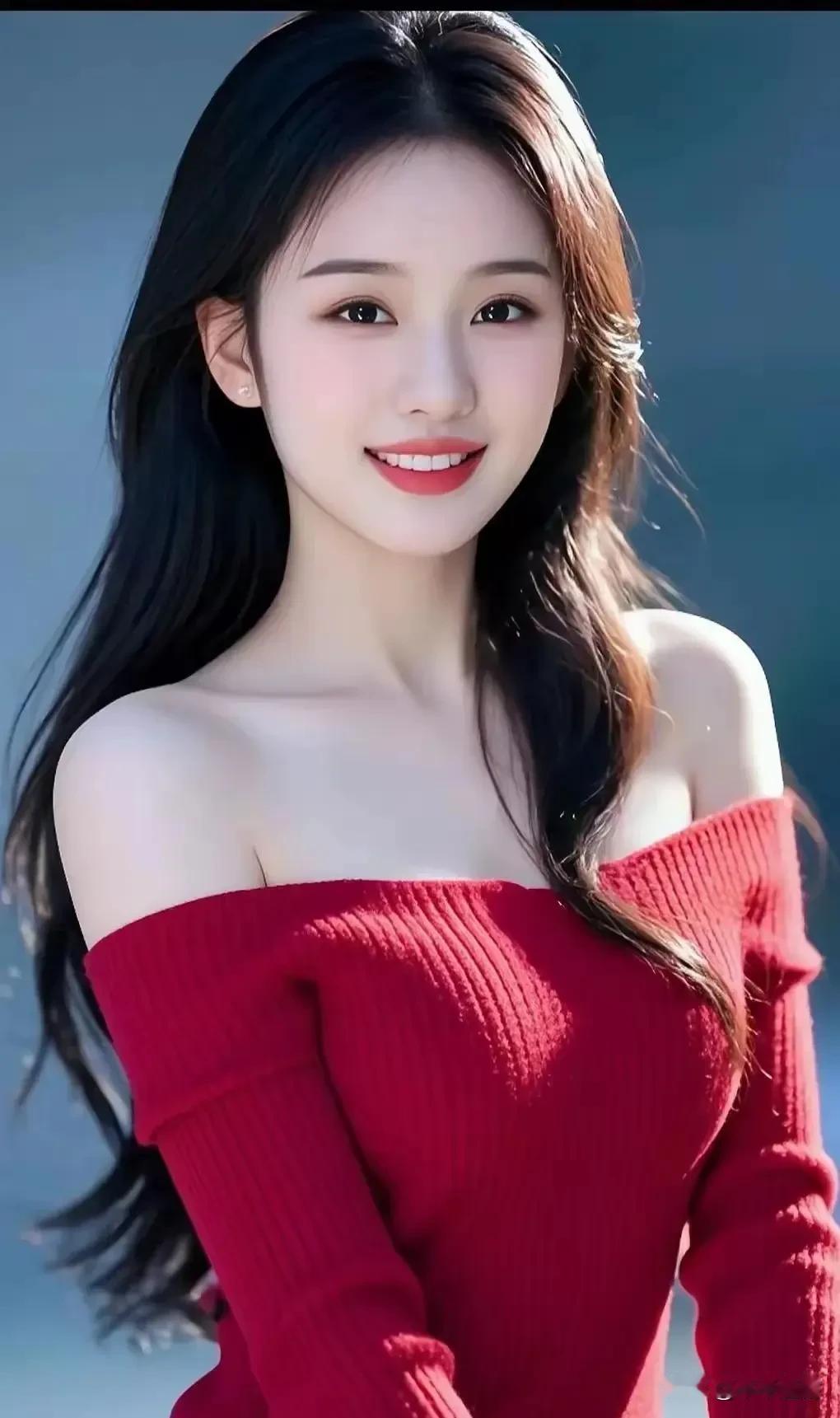 正红色露肩针织衫衬得肌肤莹润，长发垂落间，一抹笑靥撞碎了冷调背景的清冷。中年女