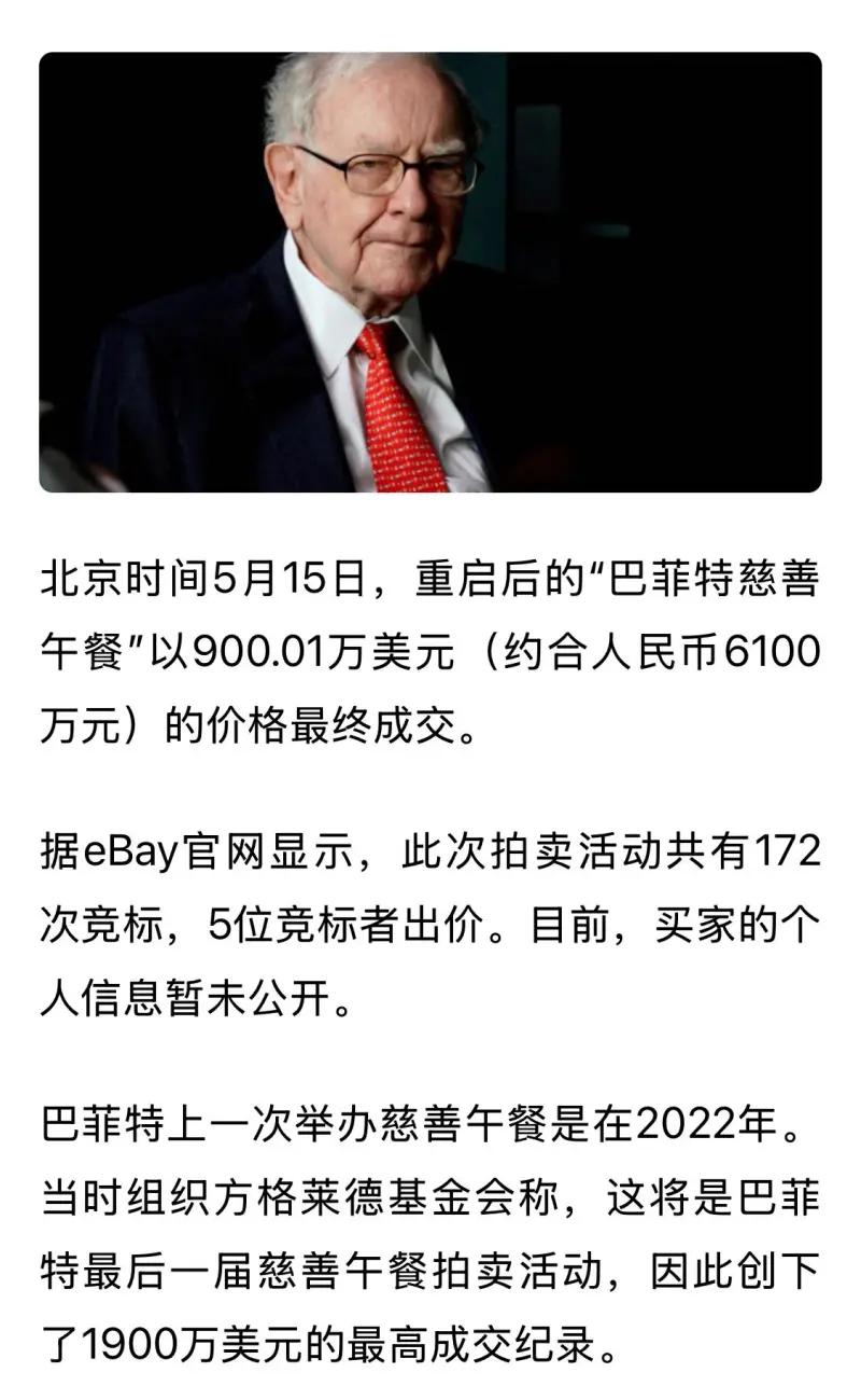 这则新闻报道了重启后的巴菲特慈善午餐拍卖结果：北京时间5月15日，本次午