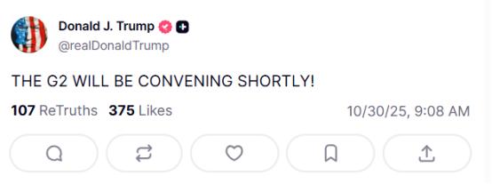 10月30日一大早，特朗普发文：“G2即将召开”（THEG2WILLBE