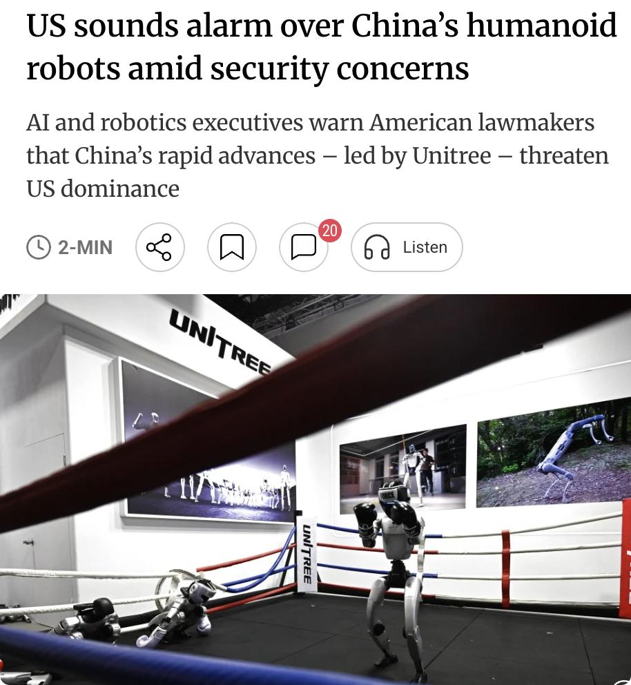 外媒：美国人工智能与机器人企业高管在国会听证会上警告，中国人形机器人发展速度惊人