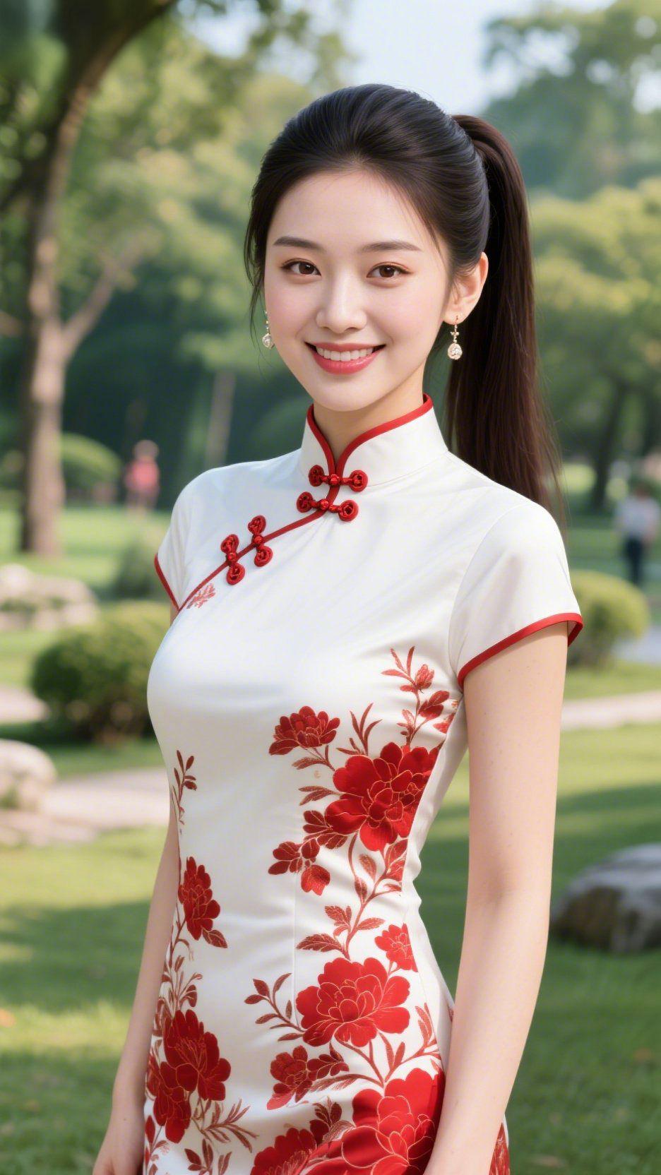 园间旗袍的雅意轻光夏风裹着草木香掠过园径，她立在日光里，白底红纹的旗袍晕开