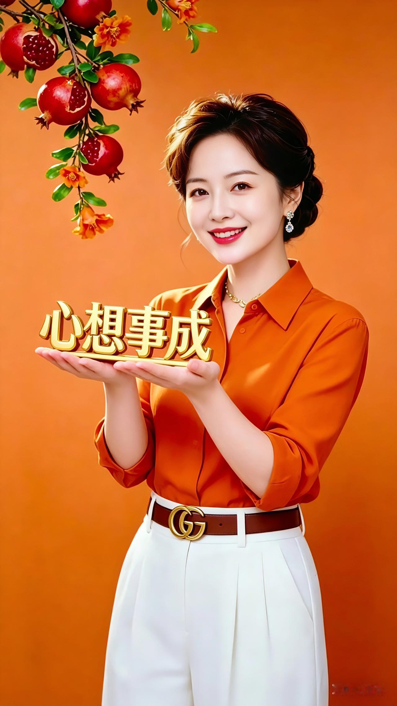 这位女士手捧金饰，笑意明灿。捧愿祈福万事兴七言绝句榴果垂枝漾暖光，佳人含