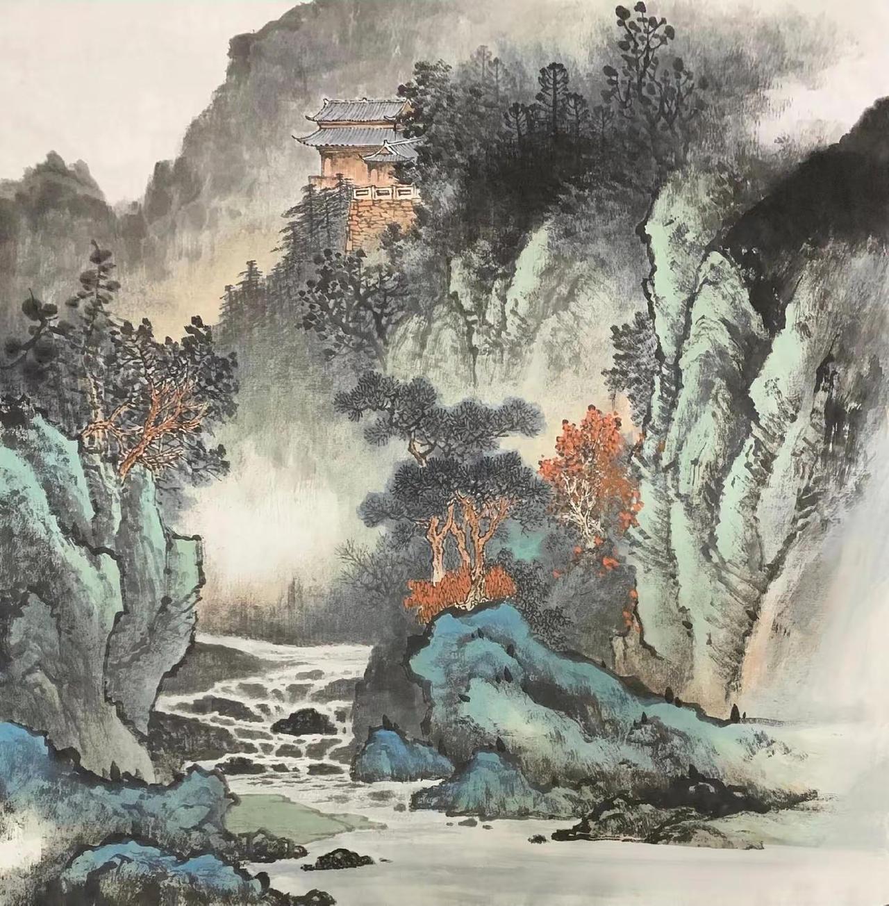 斗方山水。写意山水青绿山水画山水写意国画秋意山水画