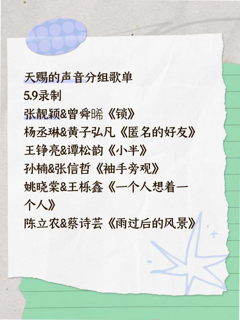 天赐的声音分组歌单5.9录制张靓颖&曾舜晞《锁》杨丞琳&黄子弘凡《匿名的好友》王