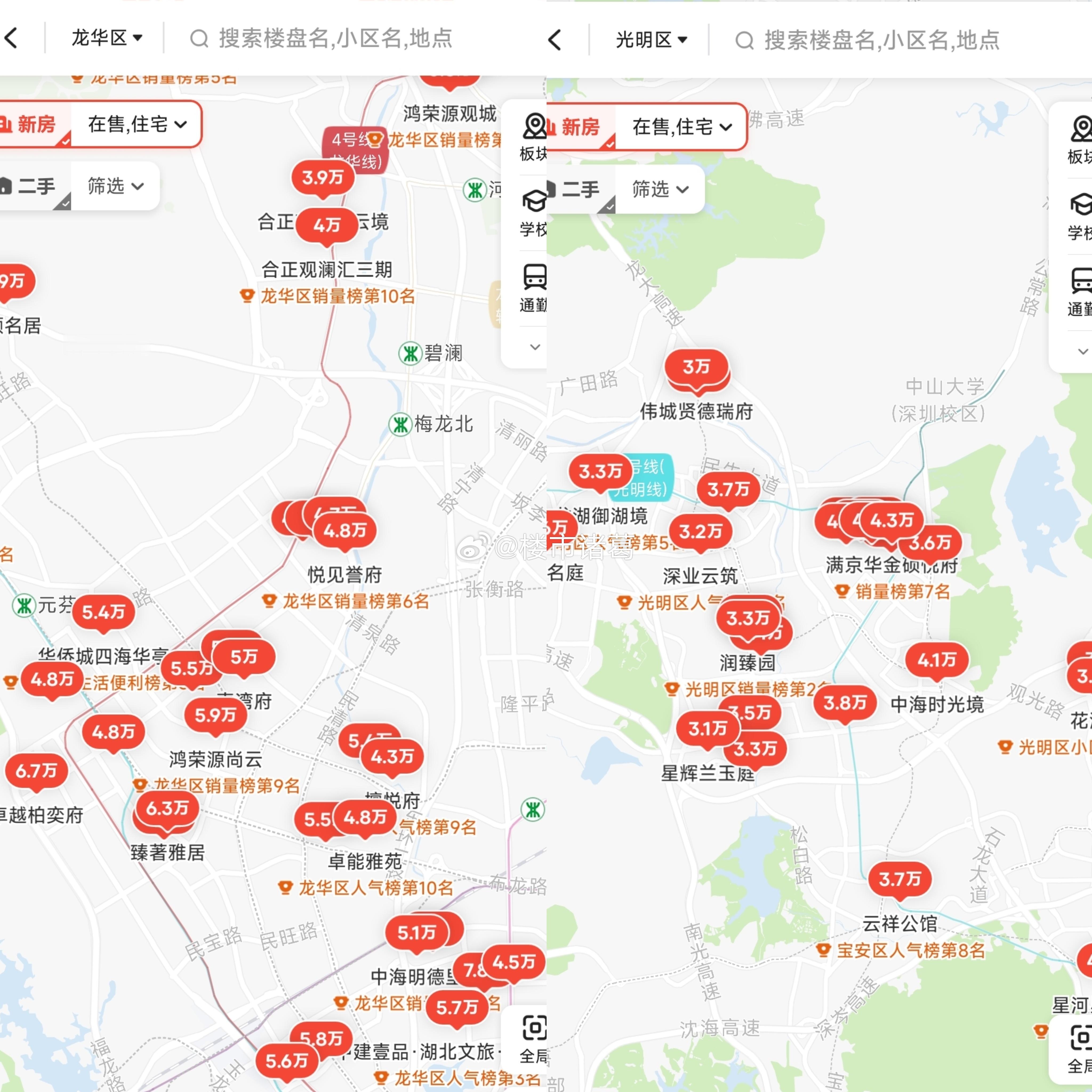 目前，光明在售住宅楼盘有23个，而龙华有39个。每个区域都有代表性的大型旧改项目
