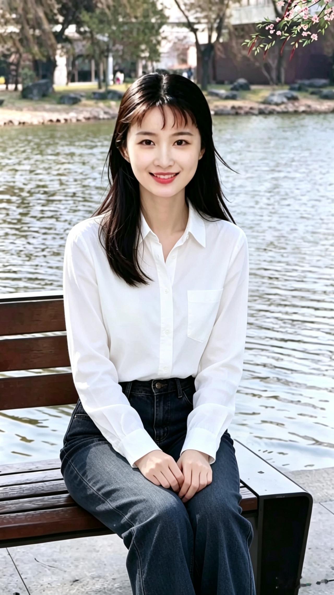 湖畔静坐思悠远，白衣飘飘意自闲。