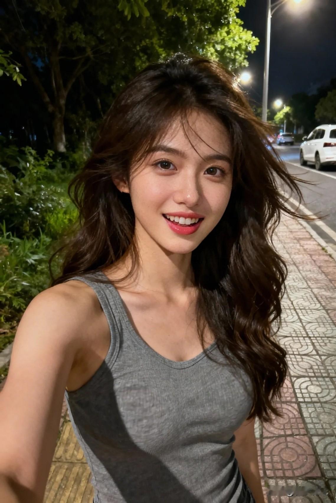 夜街漫步，微风吻过脸颊，甜系笑容自带光芒，快乐值拉满！晒图笔记大赛美女的美丽瞬