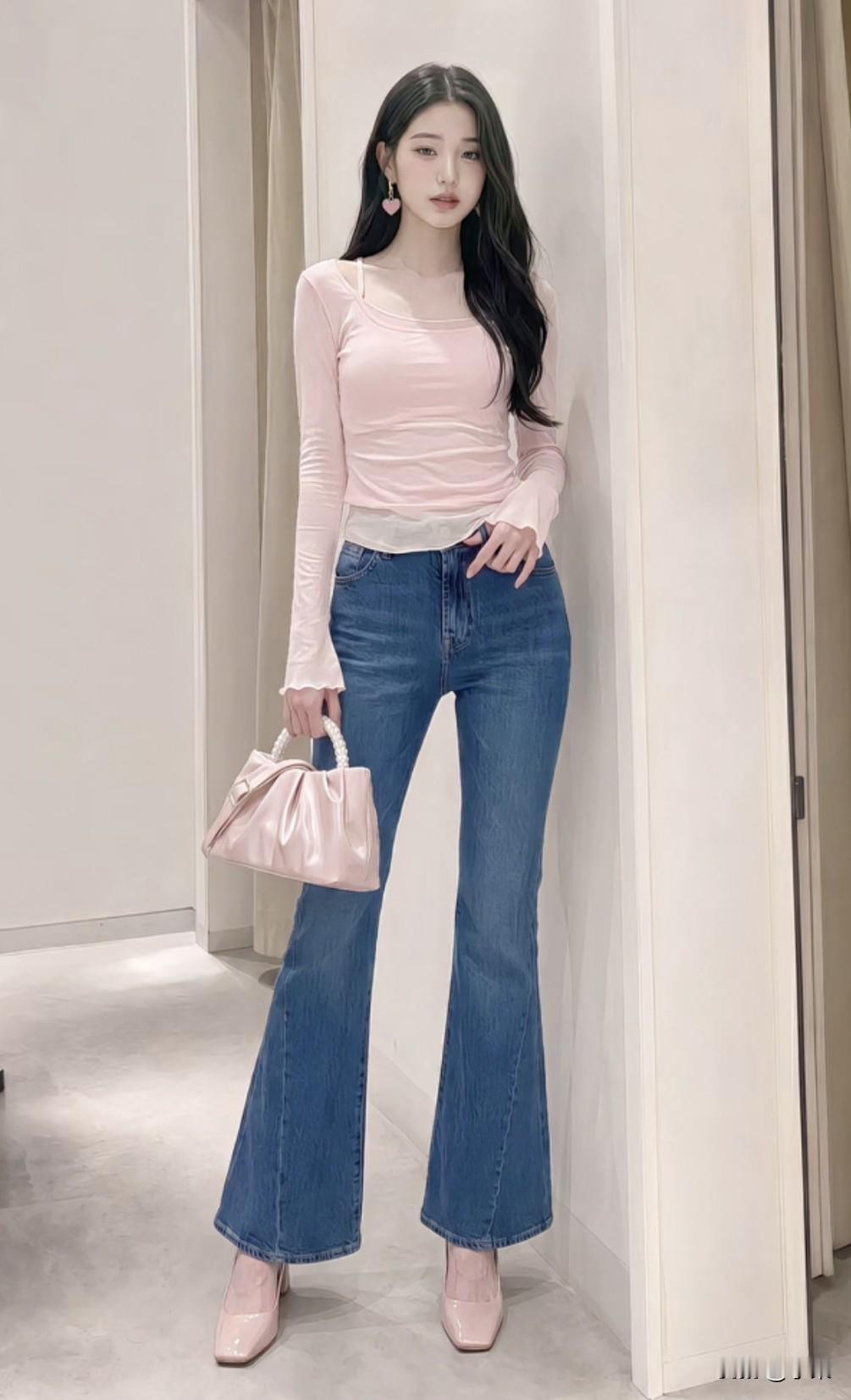 如何搭配时髦修身牛仔裤?温柔甜美风牛仔裤穿搭公式get✅浅粉修身长袖上衣+高