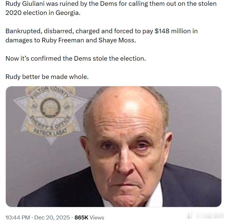 鲁迪·朱利安尼因为揭露民左党在乔治亚州盗取2020年大选而被民左党毁了。他破产、
