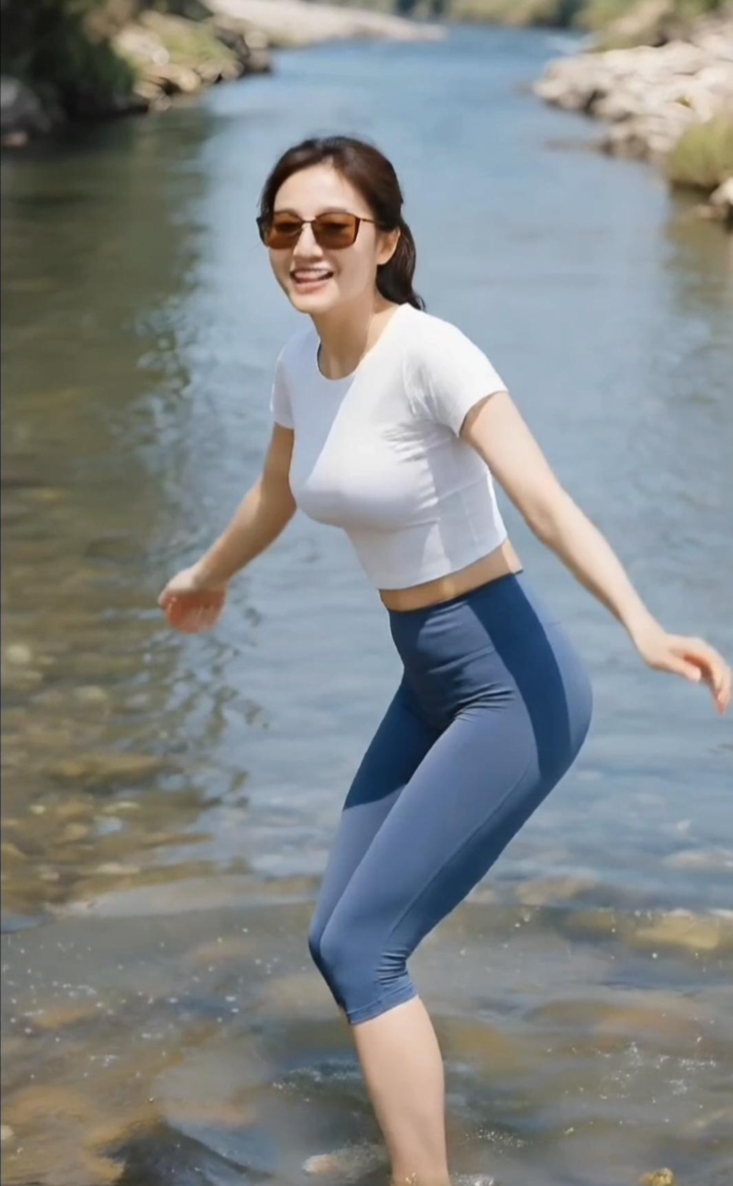 溪畔清韵盛夏的午后，阳光透过树梢洒在清澈的溪面上，波光粼粼。一位佳人赤足踏入