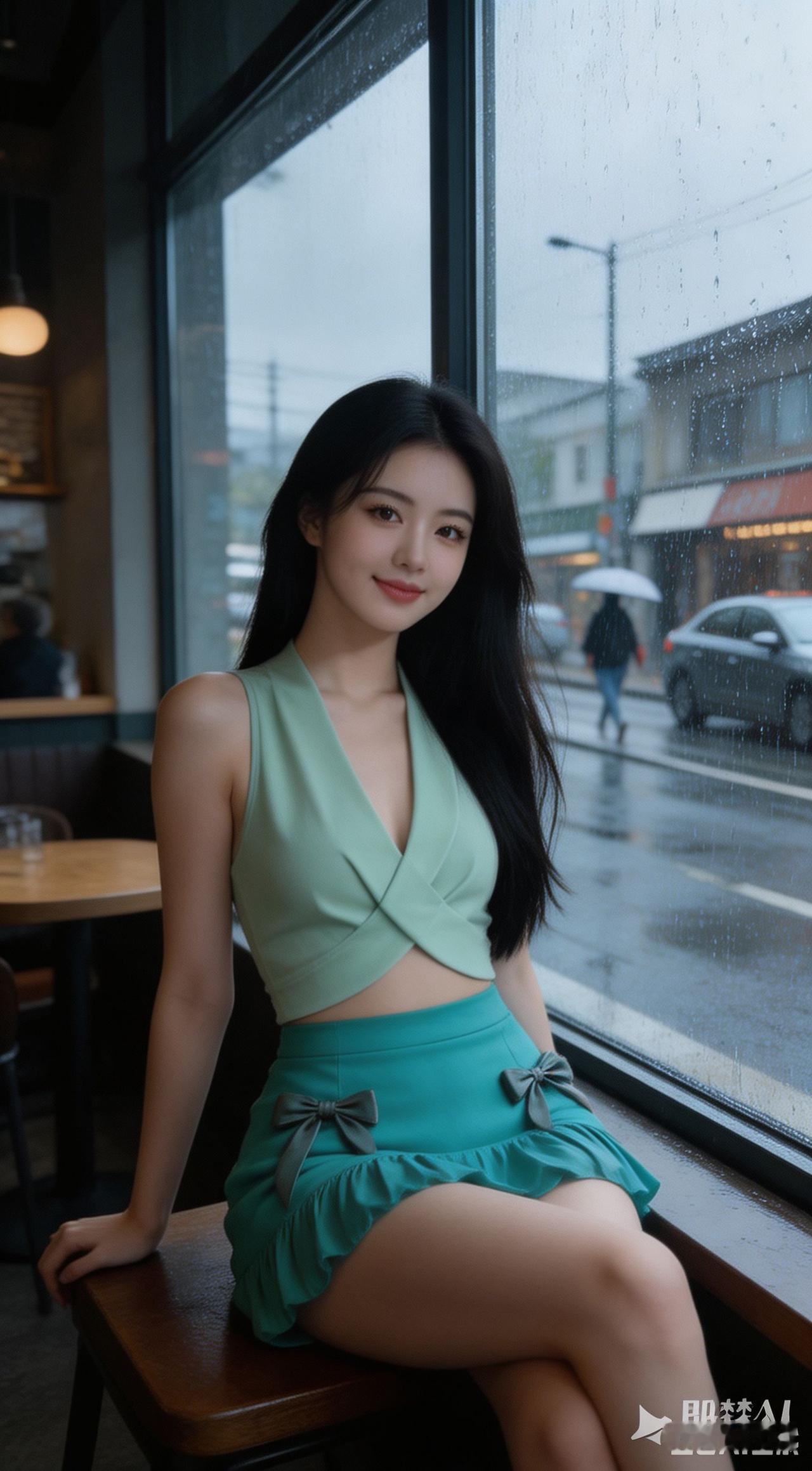 一个女孩在咖啡馆里看着窗外。