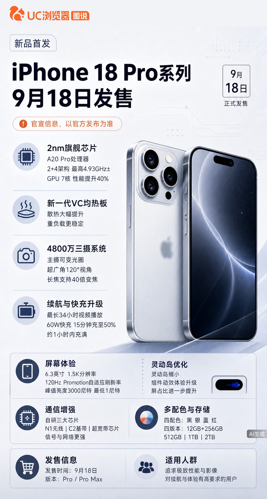 iPhone18Pro定档9月18日，A20Pro芯片用上2nm工艺，GPU性能提升40%。三摄全4