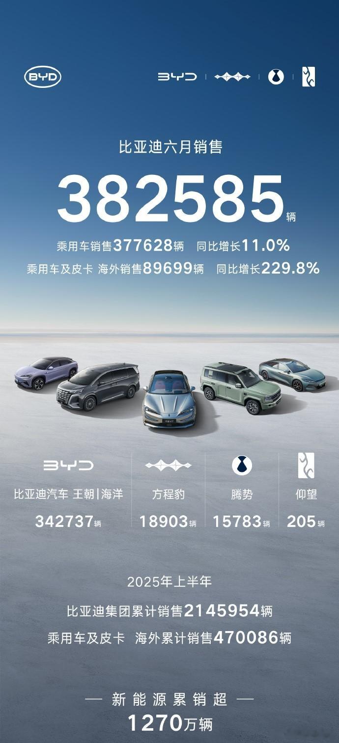 比亚迪6月销售382585辆7月1日，比亚迪发布，比亚迪6月销售382585辆，