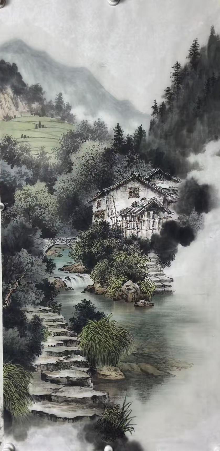 溪桥隐居图。手绘山水纯手绘国画山水写意国画水墨画