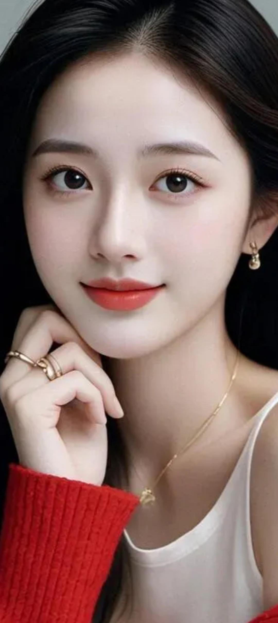 甜美少女风，温柔笑容，红色毛衣与白色背心搭配，简约而时尚。