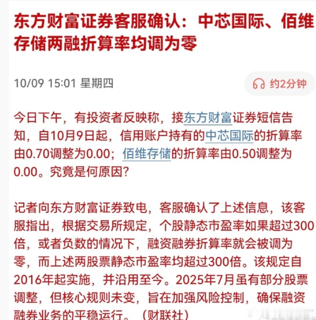 东方财富证券客服确认：中芯国际、佰维存储两融折算率均调为零…​​​