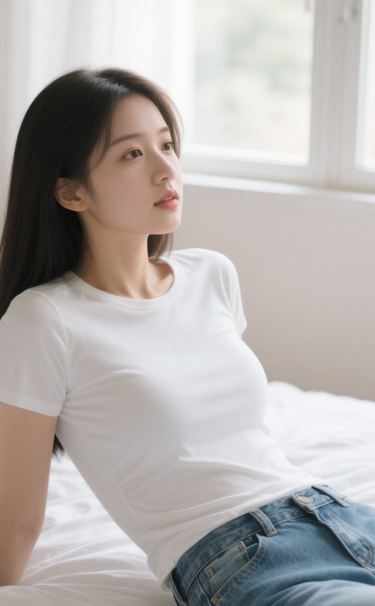 邻家女孩居家日常，牛仔裤衬出青春活力