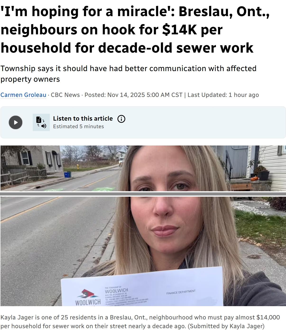 加拿大小镇居民要求为10年前污水改造工程付款，每户14000加元（70000元人