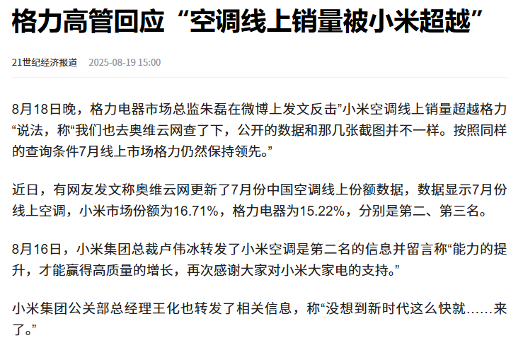 卢伟冰一条转发把火点燃，声称小米空调7月冲到第二，格力立刻甩出数据打脸，原来奥维