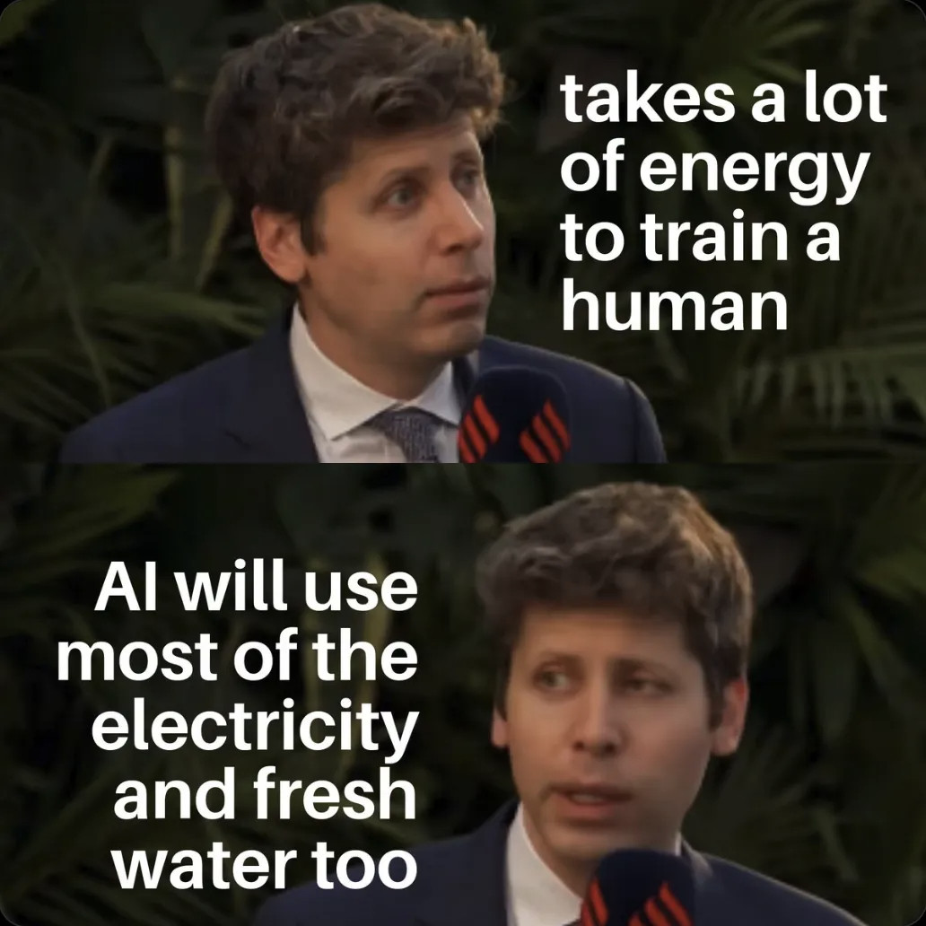 奥特曼又闯祸了。他说，你培养一个人20年也要消耗大量的能源，还不如用来训练AI