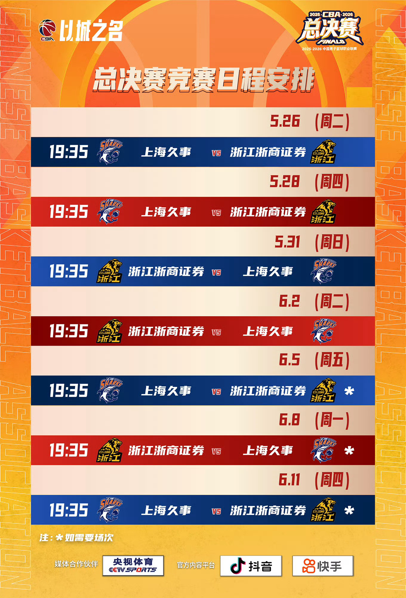 2025-2026赛季CBA总决赛完整赛程⬇️⬇️⬇️•G1：5月26日（周二