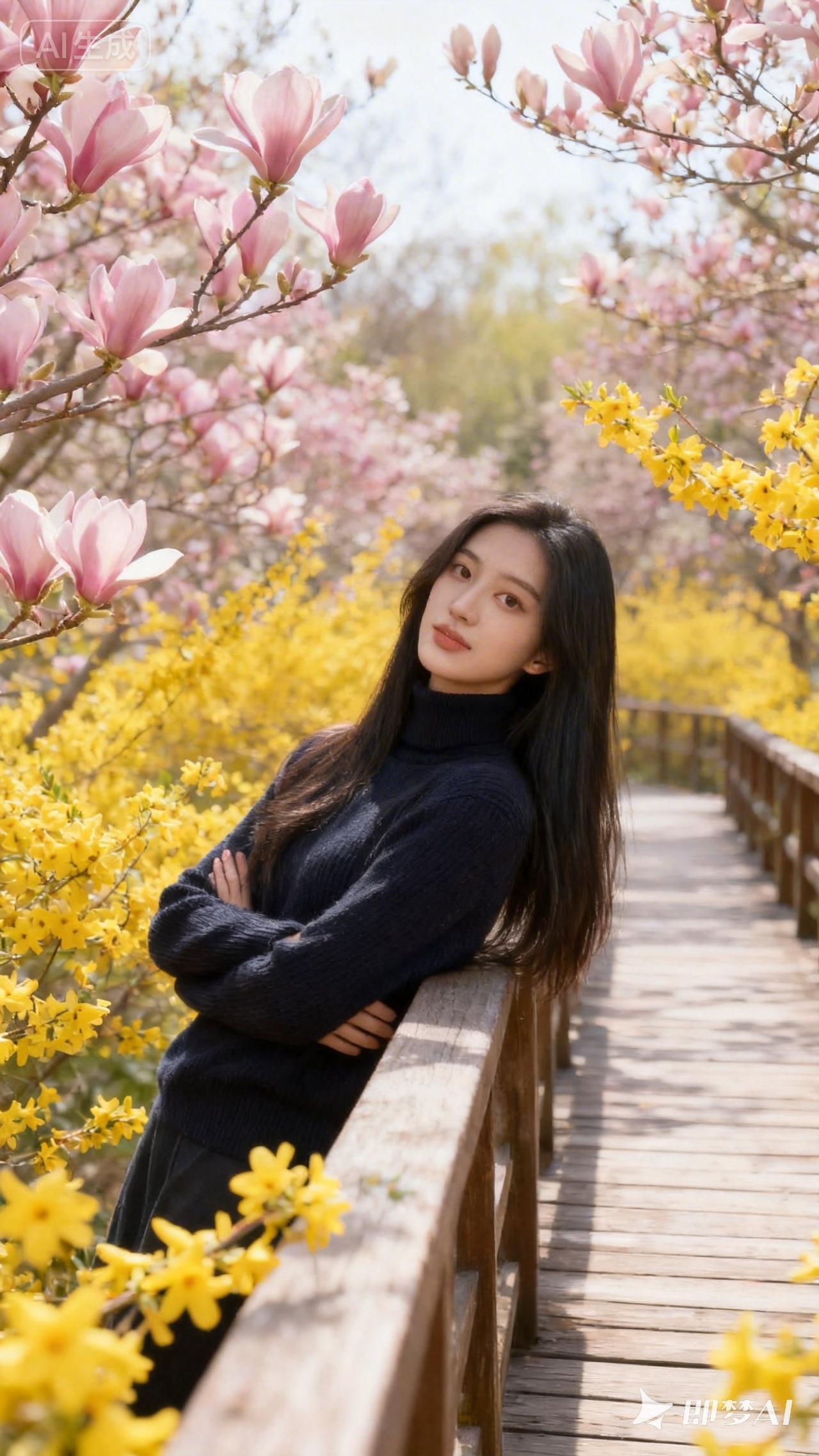 春日漫步，花海中的少女，温暖阳光下的美好时光。