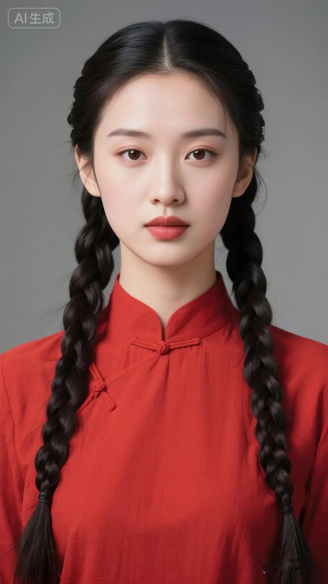 复古红衣少女，双辫飘逸，尽显东方古典美