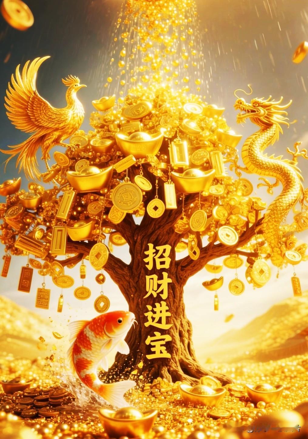 龙凤栖树摇金玉，锦鲤临门纳宝财。