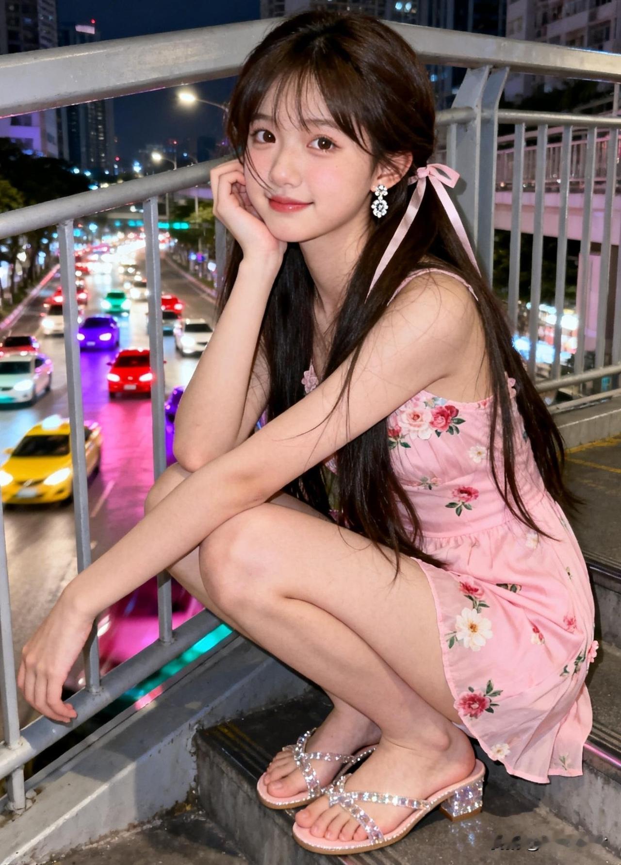 夜晚的都市，粉裙少女倚栏望车流，浪漫而梦幻。