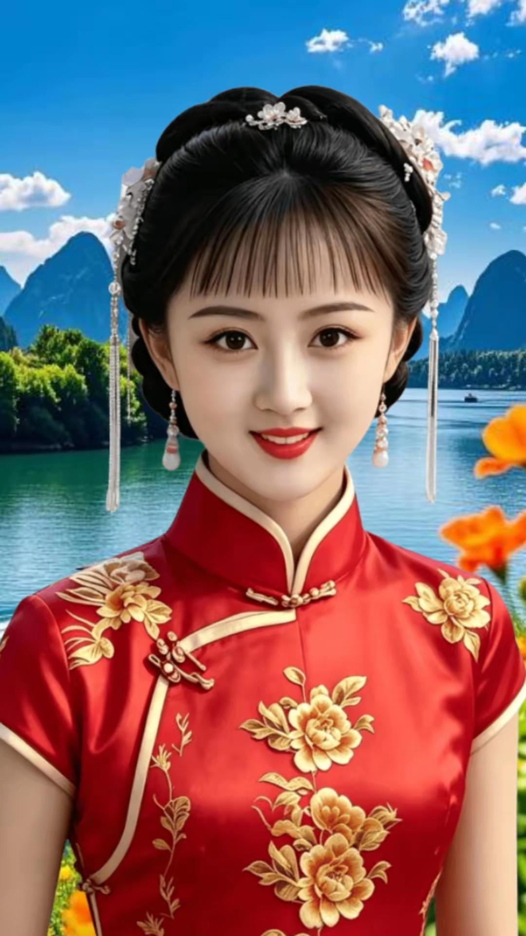 古典与自然的完美融合，红衣美人与山水相映成趣。
