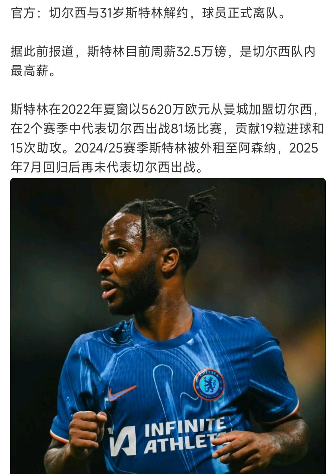 31岁的斯特林失去一份最好的工作。切尔西把他解雇了，32万英镑的周薪，英超其