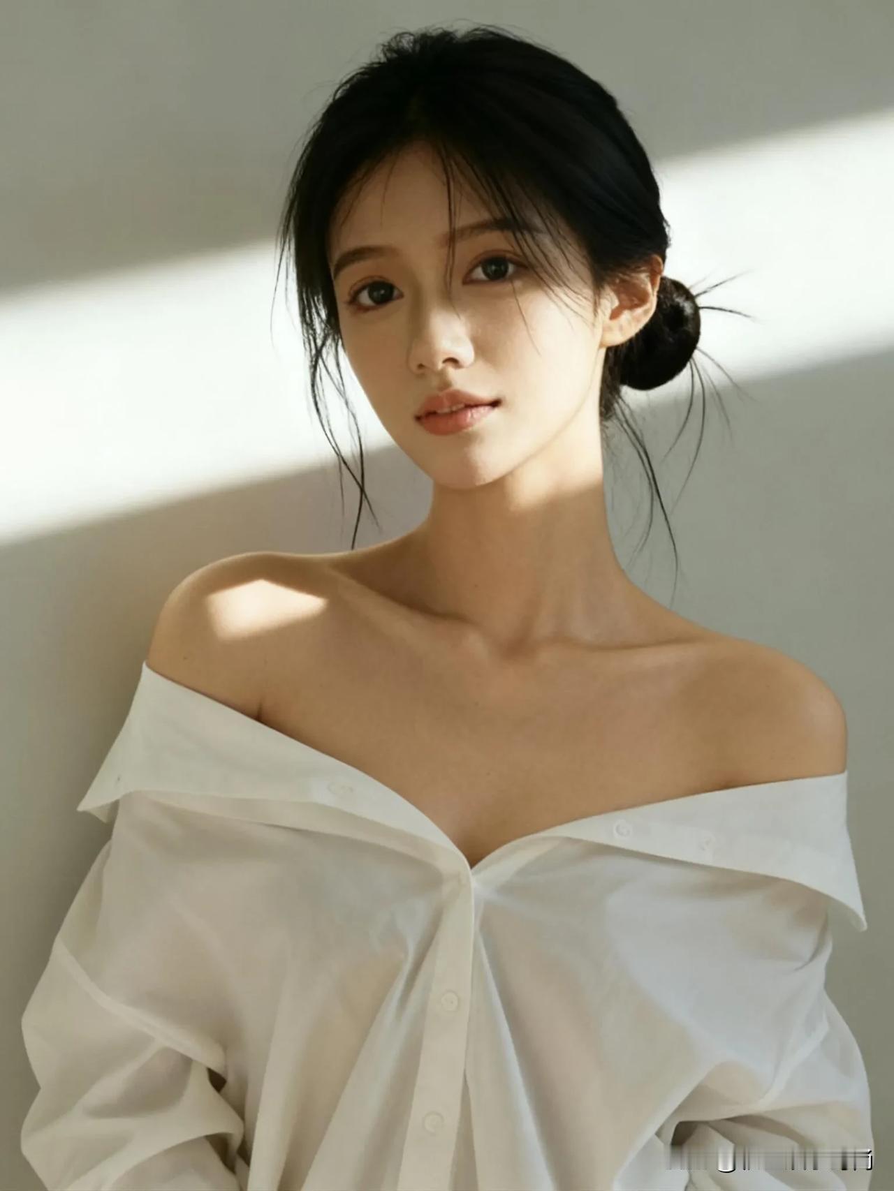 她一袭一字肩白衬衫加身，随性而不失优雅。宽松的衬衫自肩头滑落，柔美肩颈线条尽显。