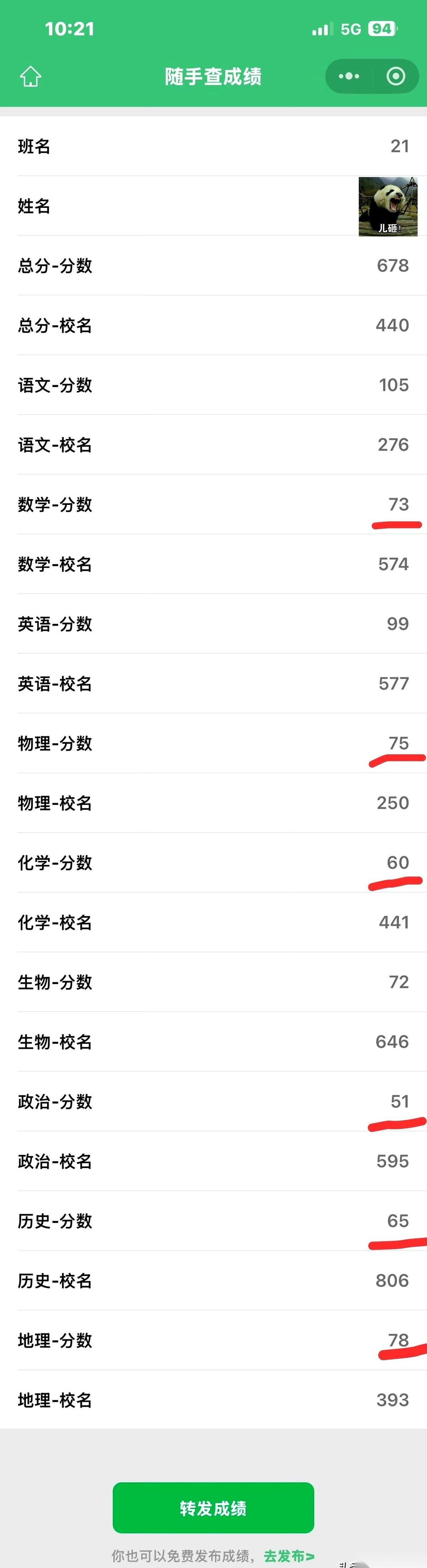 年级440,班级21。这是我那个初中稳坐年级前100的儿子,高一第一次月考的成