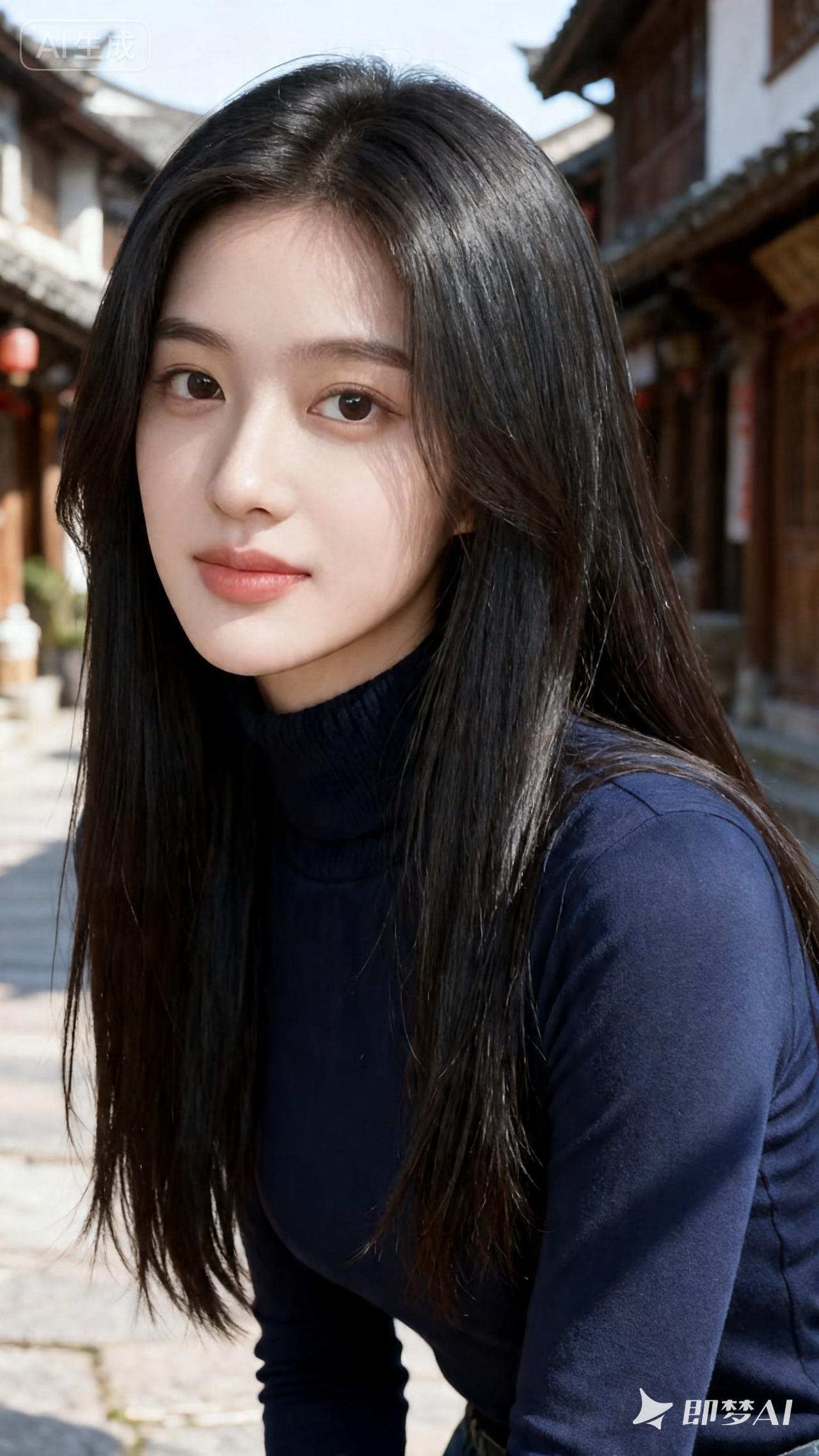 在古镇的阳光里，黑发少女温柔微笑