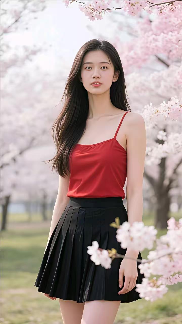 樱下红妆一树樱芳染晓光，红妆倩影立春旁。清风漫卷芳华气，满目温柔入画长。