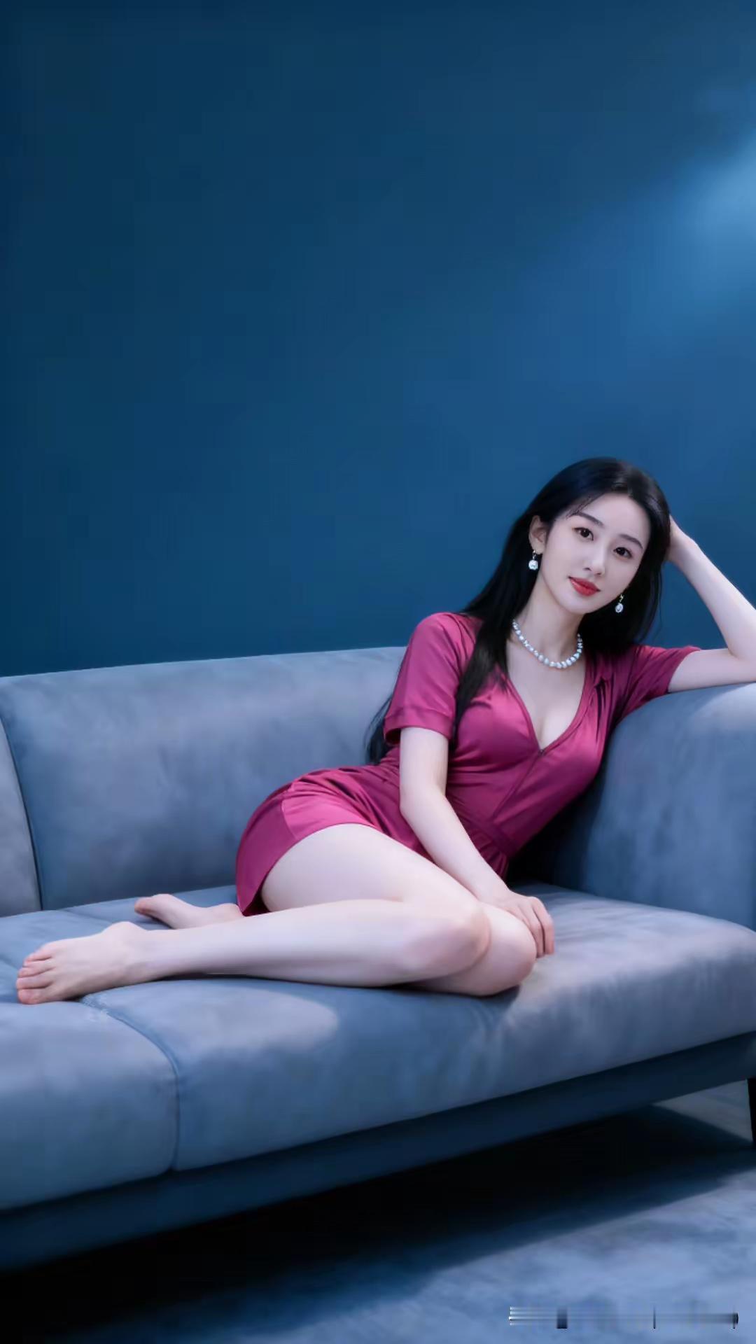 优雅气质，粉裙与蓝墙的完美搭配，尽显女性魅力！💕✨