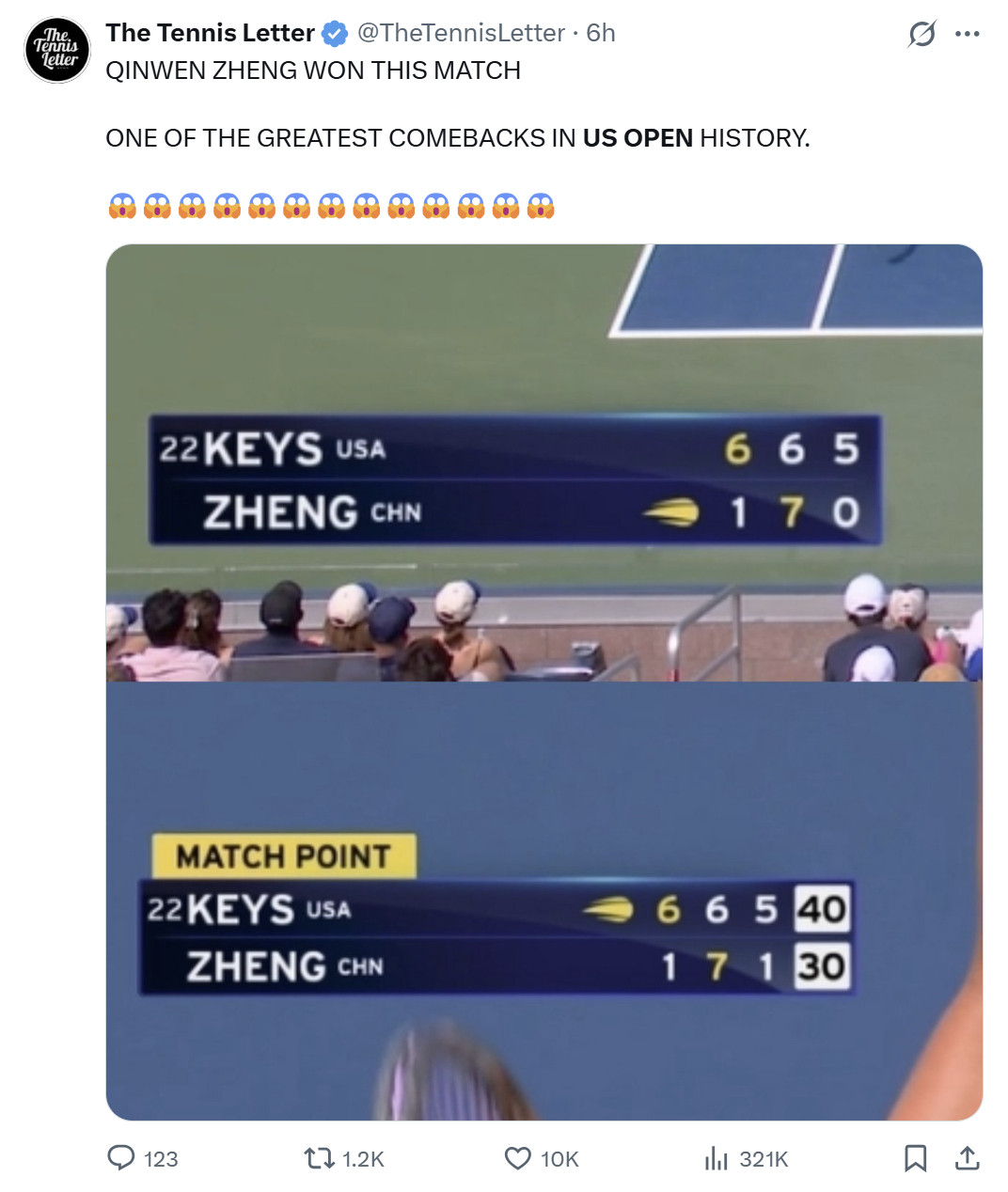 #外媒称郑钦文打出美网历史最伟大逆转#🎾美网女单第三轮，决胜盘从0-5落后到