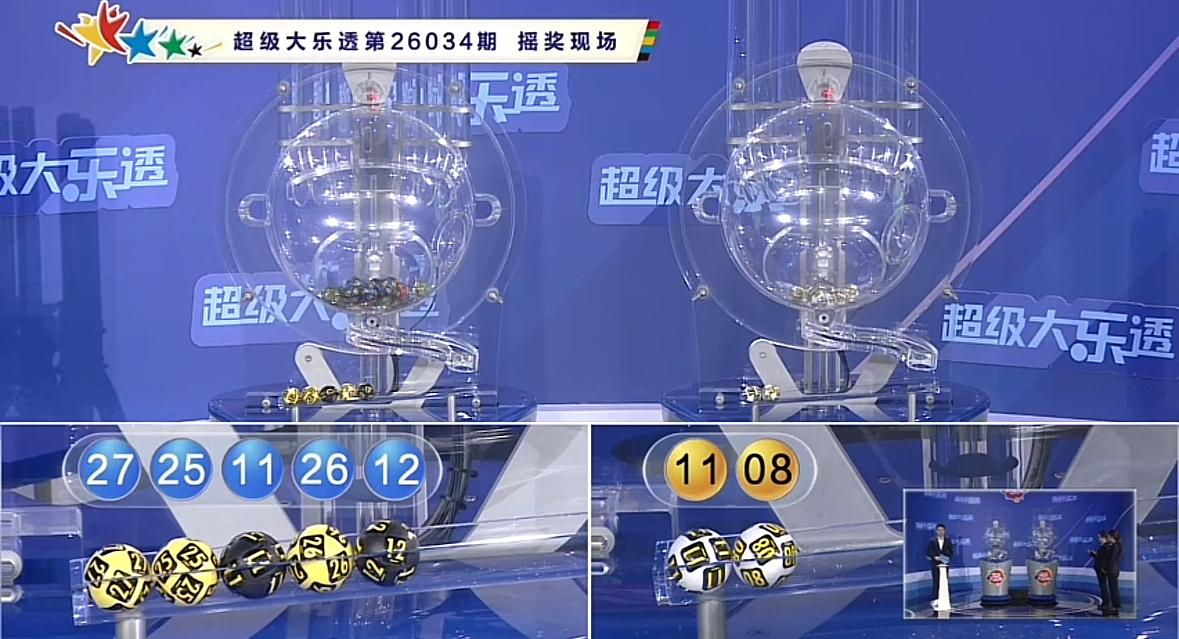 大乐透第26034期开奖号码正式揭晓：前区为11、12、25、26、27，后区为