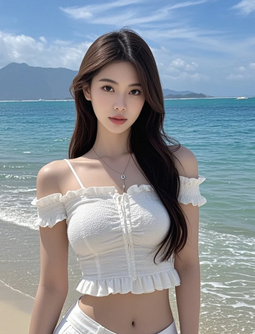 她的美，让这片海滩都显得格外温柔