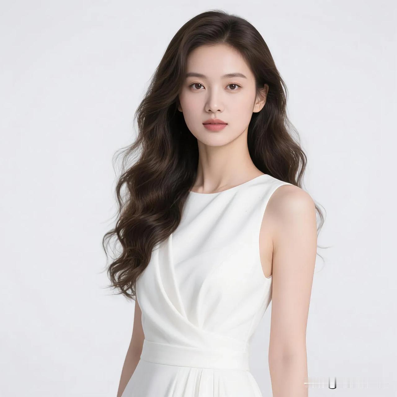 夸白衣姑娘白衣姑娘真亮眼，无袖裙子很惊艳。长发卷卷披两边，模样端庄又